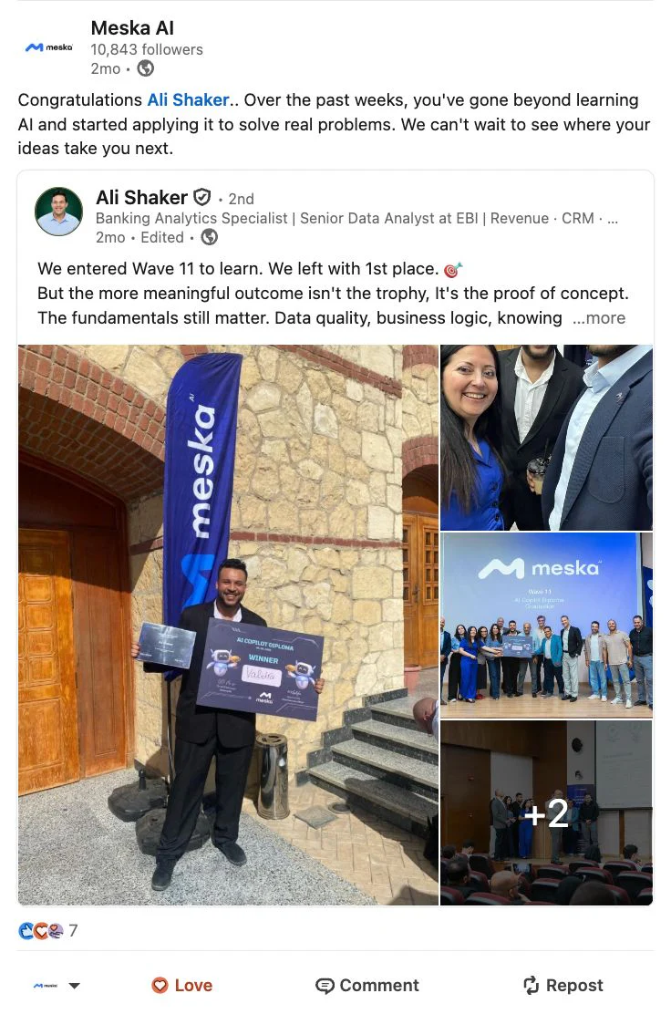 Meska AI post celebrating AI Copilot Diploma graduate Ali Shaker