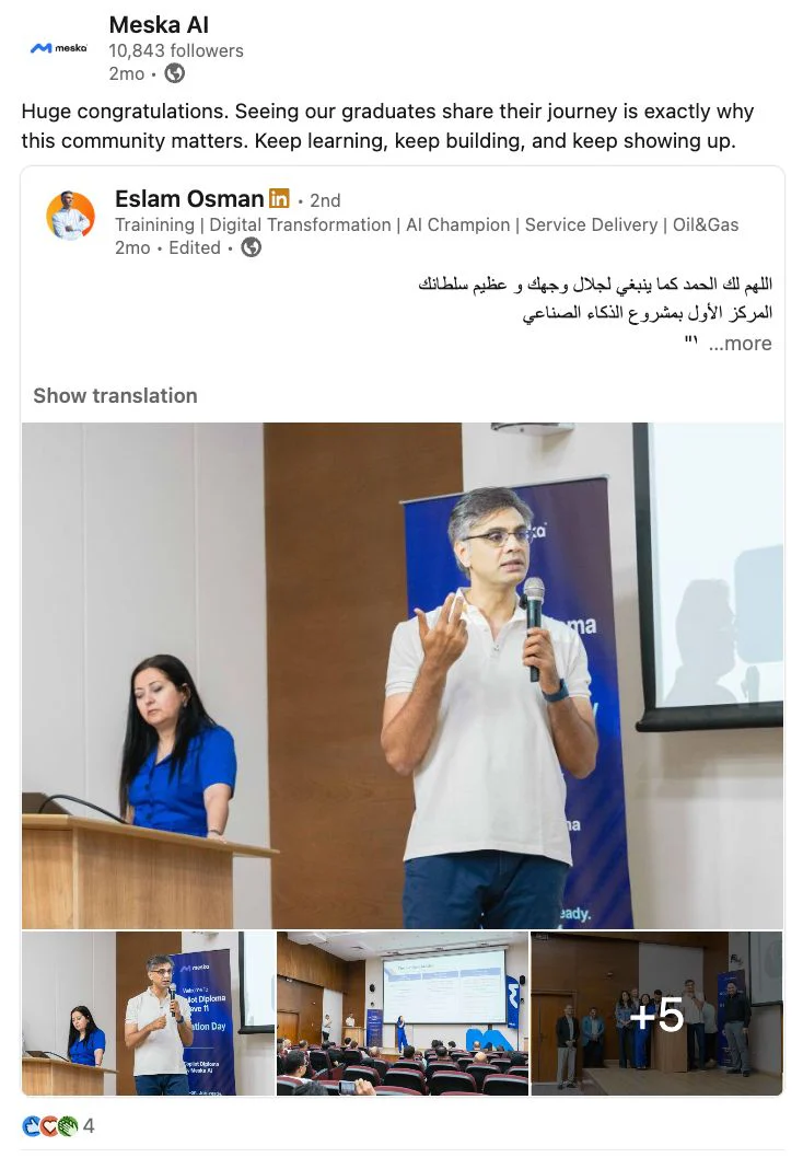 Meska AI post celebrating AI Copilot Diploma graduate Eslam Osman